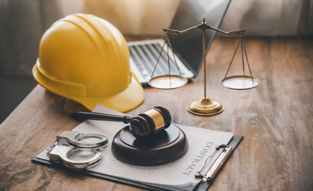 Mazo judicial, balanza, esposas y casco de seguridad sobre un escritorio con documentos legales